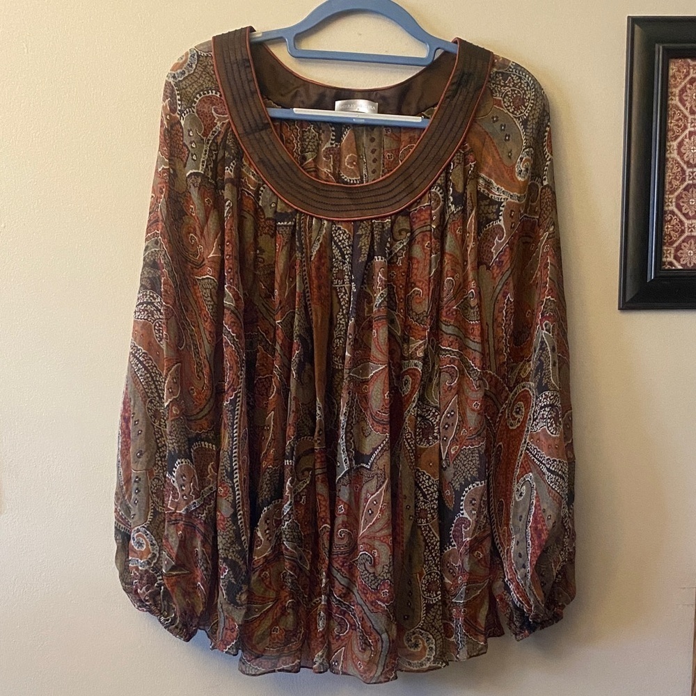 Badgley Mischka Silk Semi Sheer Multicolor Paisley Patterned Blouse